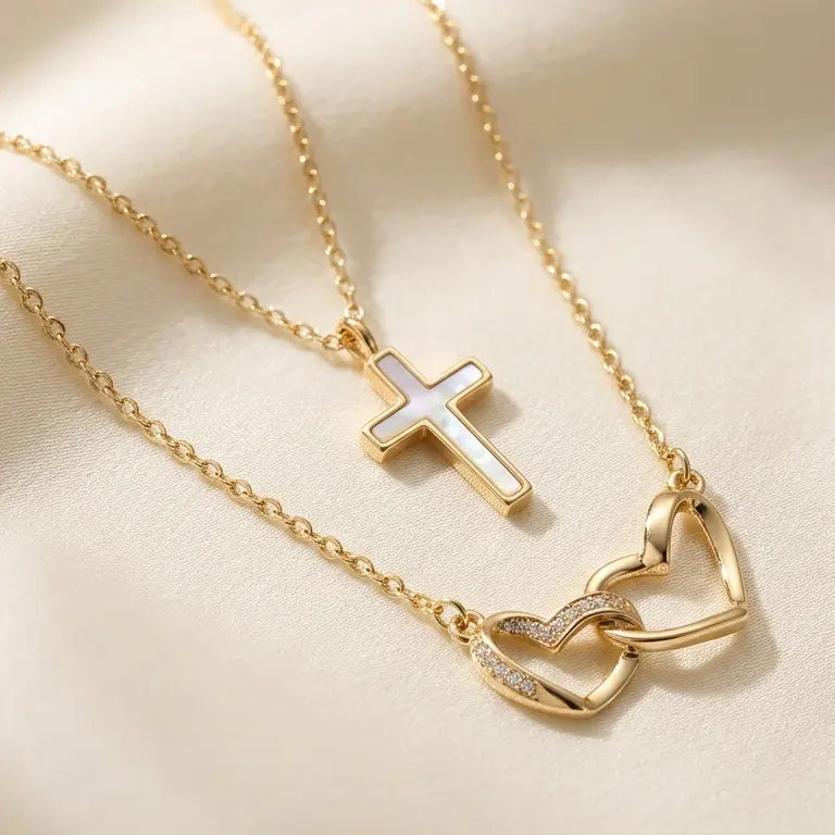 "Light of Faith" Double Layered Necklace for Women, 14K Gold Plated Copper Cross Charm, Christian Symbol Highlighting Blend of Faith and Beauty, Anniversary Gift