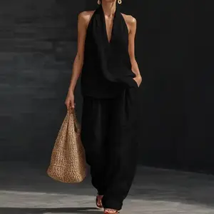 Boho Linen Two Piece Set for Women, Halter Neck Sleeveless Top & Wide Leg Pants Outfit, Lightweight Breathable Casual Summer Set, Perfect for Beach, Vacation, Brunch and Daily Trendy Boho Style halter top