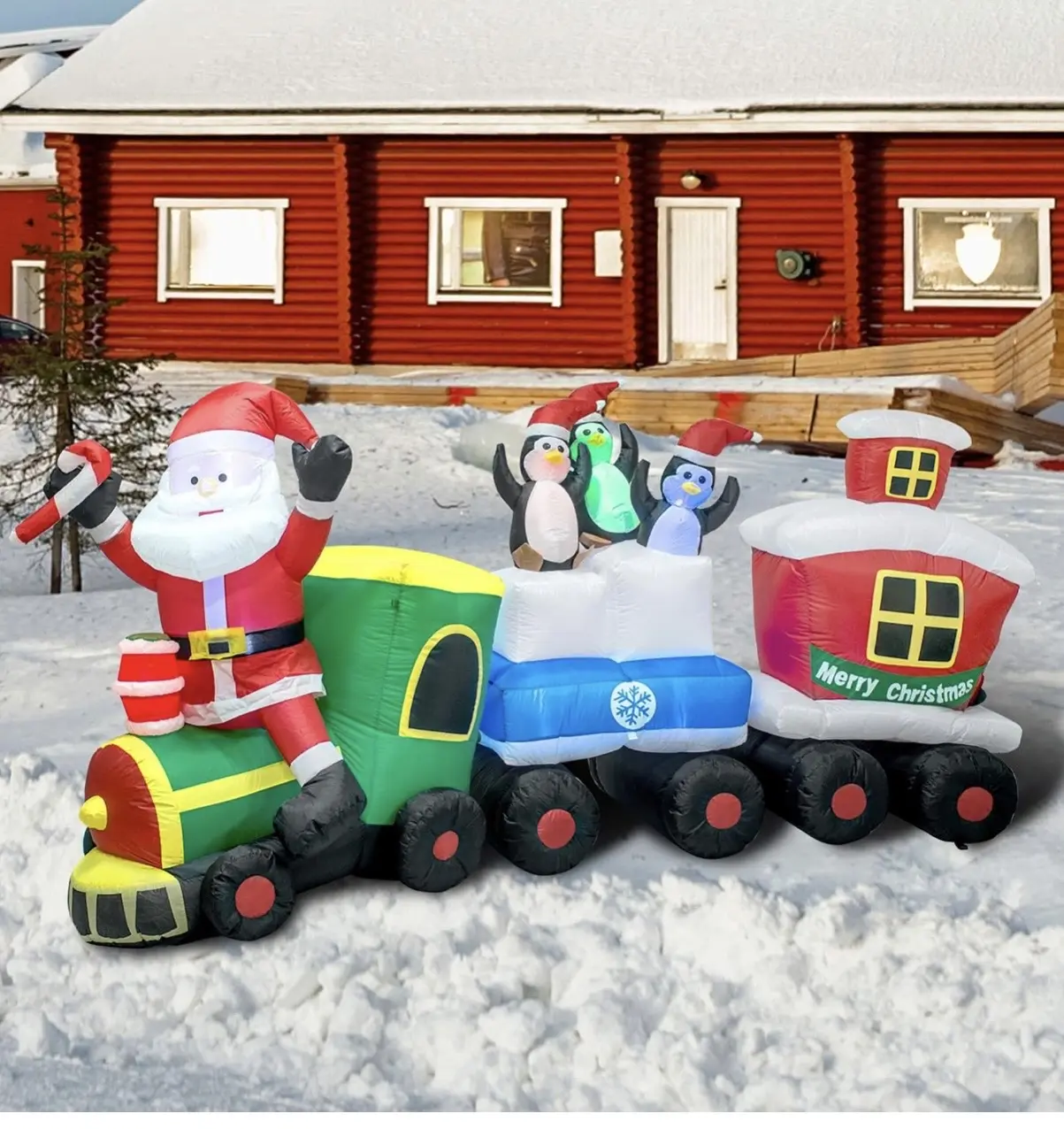 8FT Christmas Inflatable Santa Train with Penguins