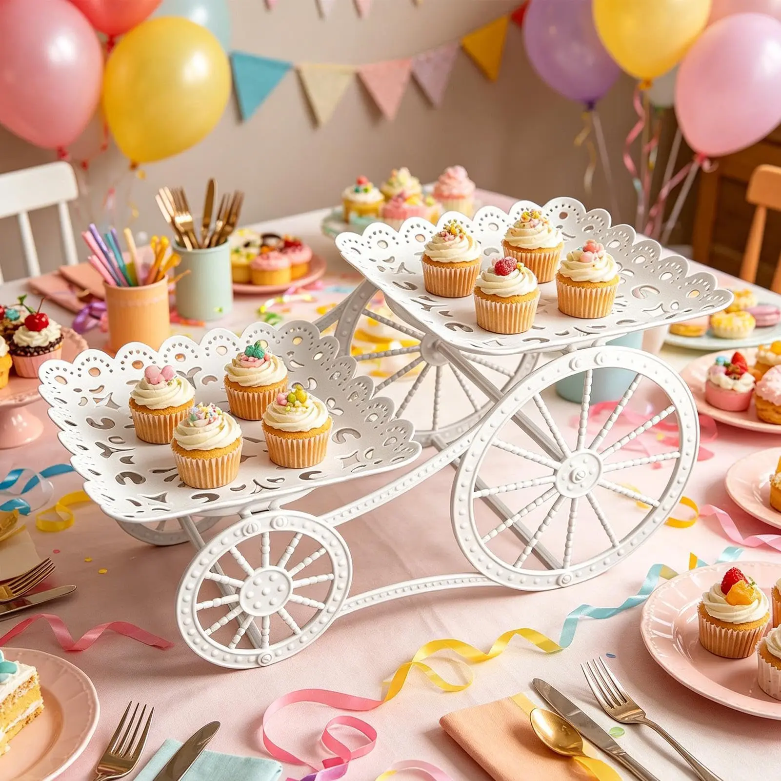 2-Layer Horse-Drawn Carriage Cake Stand Set, Round Decor Cupcake Holder for Birthday, Bridal Shower Party Home Festive Supplies food display