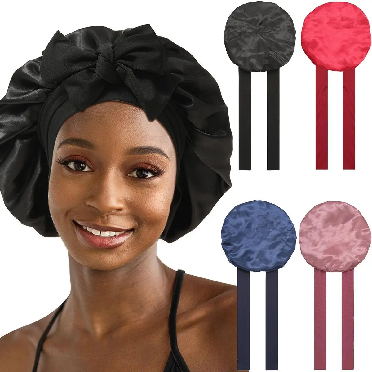 AWAYTR Large Silk Bonnet, Double Layer Smooth Satin Sleep Cap with Adjustable Band for Long, Wavy & Curly Haircare, Daily, Fluffy, Bonnet Silk, Reduces Friction, Large Size, All People, Anti-Hair Loss