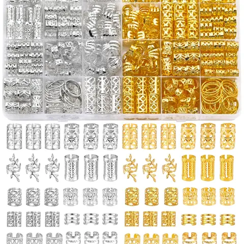 220pcs Metal Hair Braiding Rings & Cuffs Set, Hip-Hop Punk Style Hollow-Out Dreadlock Beads, DIY Braid Jewelry for Women