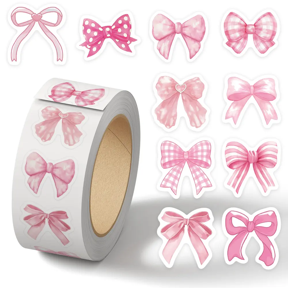 500pcs Pink Bow Roll Sticker Series Sealing Stickers for Mugs, Laptops, Suitcases, DIY Decorative Stickers, Birthday Gifts