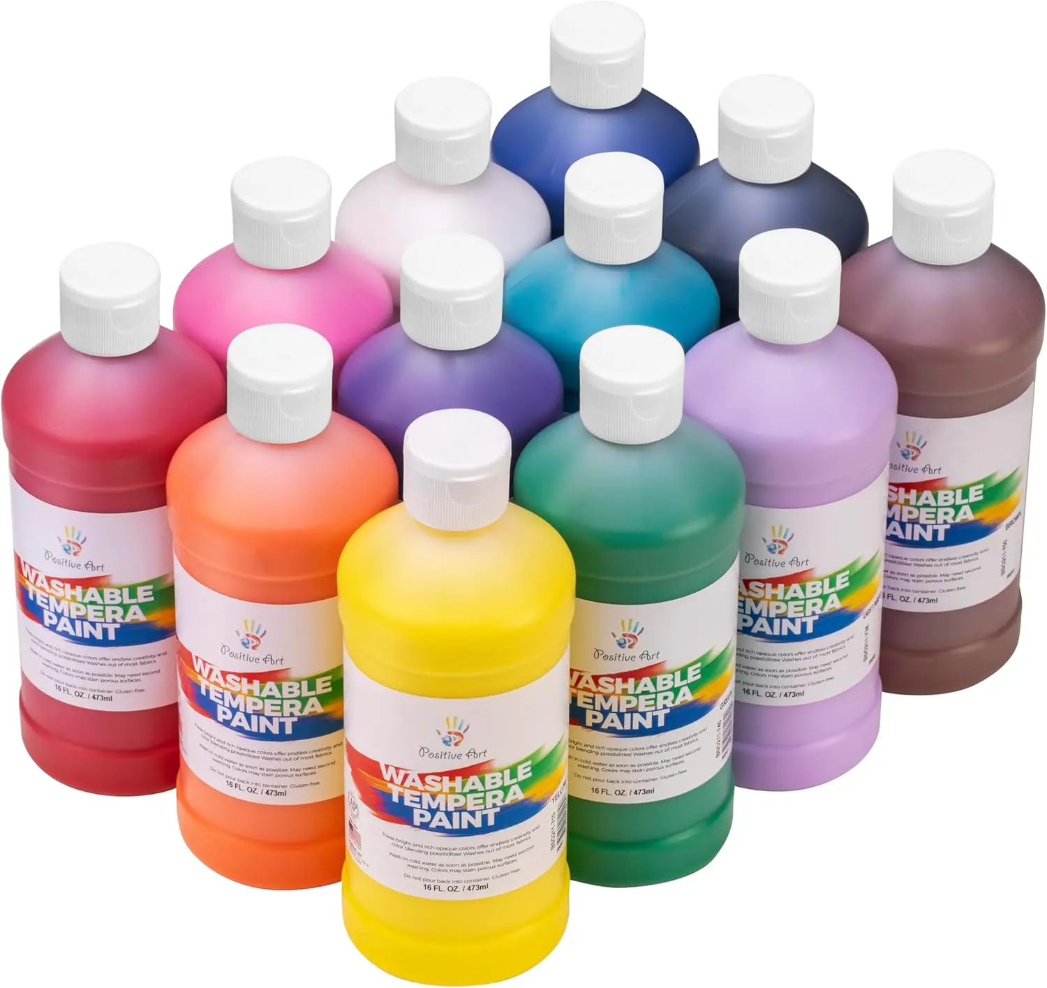 Unisex Kids' Positive Art Washable Tempera Paint Kit, 12 Colors 16 oz Bottles, Paraben-Free Art Materials for School & Daycare Centers, Smooth Coverage Arts & Crafts Supplies
