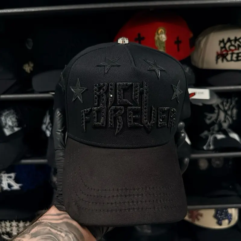 Unisex Rich Forever Black Baseball Cap with Star Embroidery, Bold Lettering Design