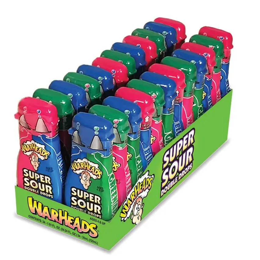 Warheads Double Drops Sour Liquid Dispensers 24 ct. - Sour Liquid Syrup and Squeezable from a Dual-Nozzle Bottle with Green Apple, Blue Raspberry and. Watermelon Flavor - 24 Count Pack Beverage Fruit