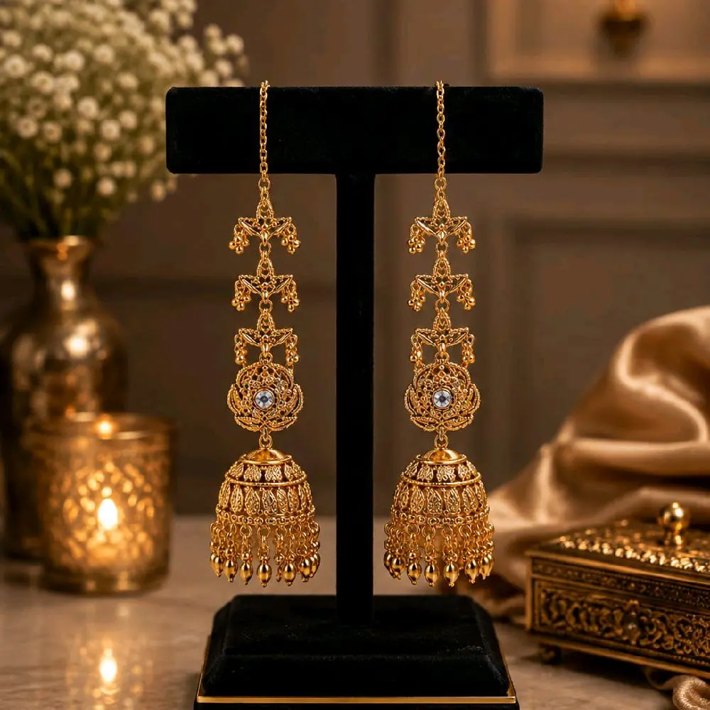 Traditional Antique Gold Plated Ear Chain Jhumkas with Leaf Detailing