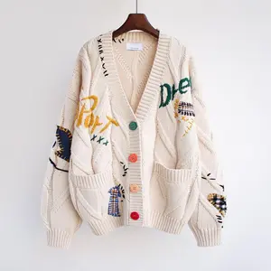 2025 Fashion lazy style embroidered sweater women autumn and winter 2025 new letter design loose knitted sweater coat trend  Womenswear Knitwear Tops Pullover Long Sleeve
