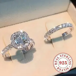 Valentine's Day 2-Piece Set for Women - 4.9g 925 Sterling Silver Elegant Luxurious April Birthday Wedding Banquet Ring Set with Classic Four-Prong Design