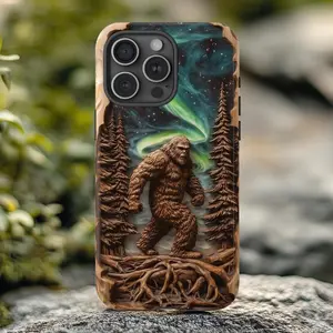 Bigfoot Phone Case| Wood Carved illusion| Sasquatch Forest Art with Northern Lights - Case Phone for Men (Women), Tough Case - MagSafe Tough Case - Case Suitable for iPhone 17-11 Pro Max/Plus and  Samsung Galaxy S23-25