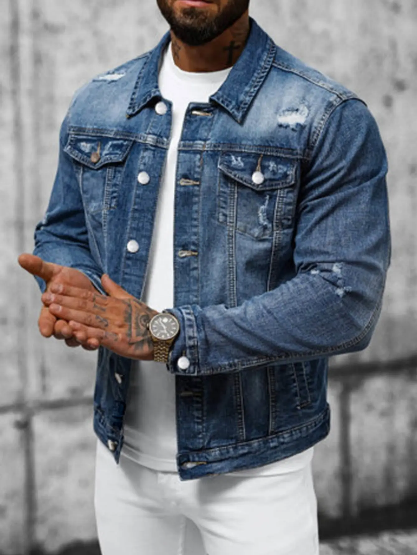 Stylish Streetwear Men Ripped Distressed Slim Denim Jacket Male Casual Jean Jacket Coat Menswear Tops Long Sleeve Slim Street Style Denim Jacket DFYD