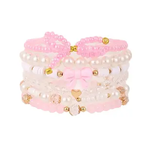 European American Sweet Style Pink Girly Heart Bow Pearl Beaded Bracelet Multi Piece Set for Women Fresh Sweet