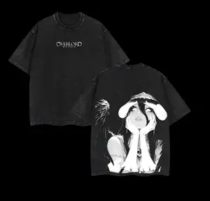 valentine shirts Albedo Overlord Anime Double Printed Vintage Washed Tee Unisex Oversize Anime Manga Washed Heavyweight Cotton T-shirt