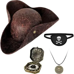 4 count Pirate Hat,Renaissance Pirate Tricorn Hat with Eye Patch & Necklaces for Male Female Halloween