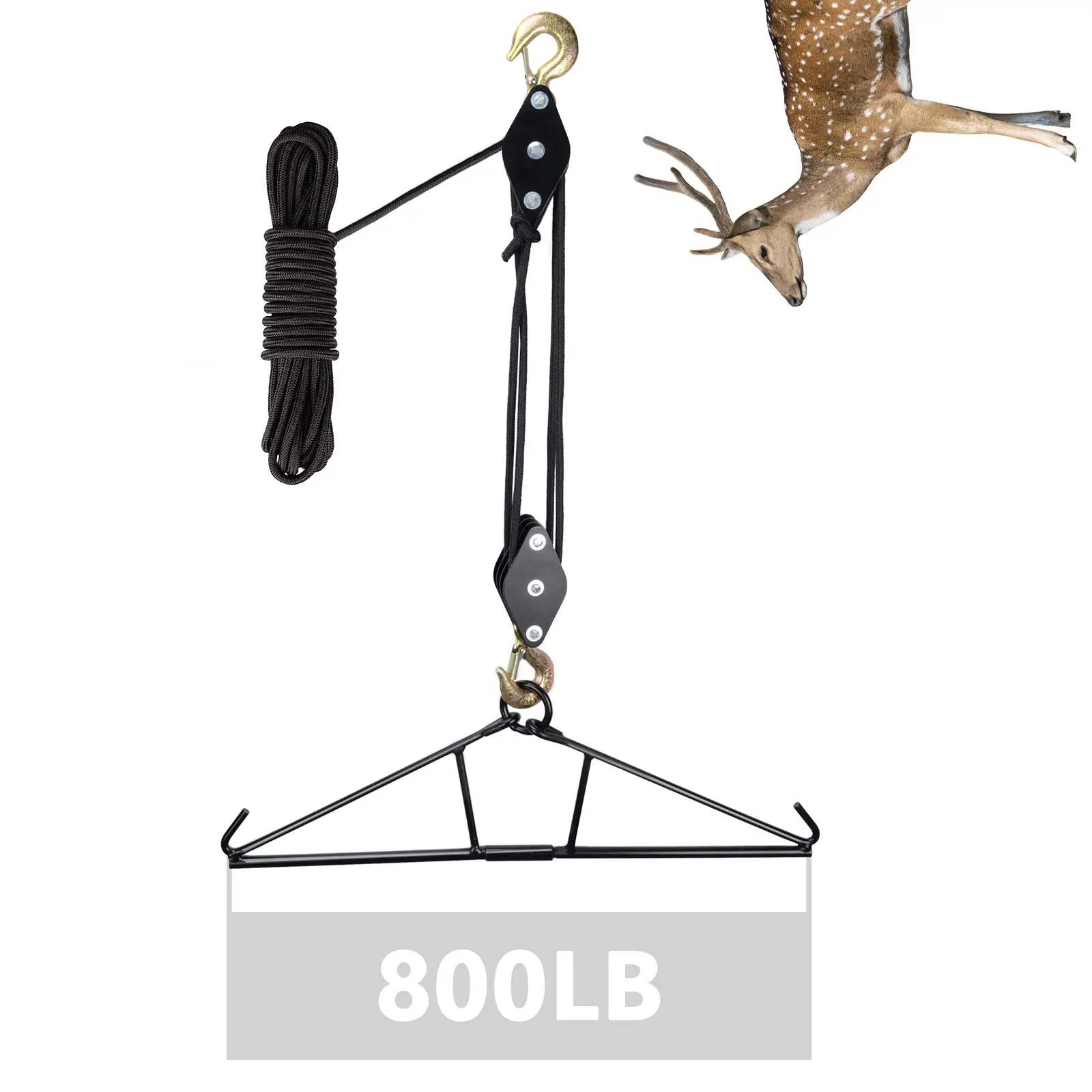Game Hoist Pulley System, Sturdy Powder Coated Steel Gambrel & Hook for Deer Hunting, 800LB Capacity, 4:1 Lift Ratio, Father's Day Gift, Affordable, Set, Compact