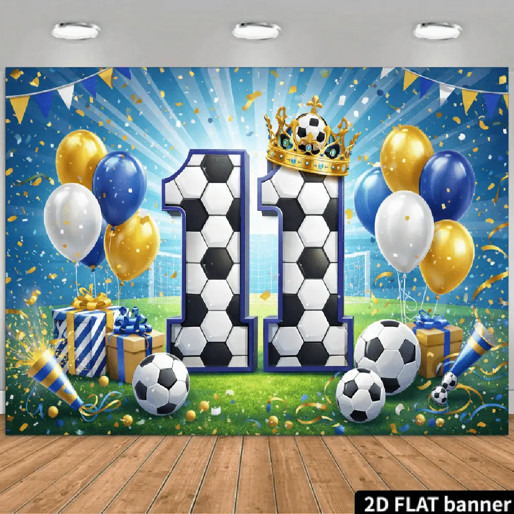 2D Flat Banner Polyester Photography Backdrop, HD Digital Print Soft Lightweight Foldable Cloth with Soccer Field Theme, 11 Number, Golden Crown, Colorful Balloons Assortment, Confetti, Gift Boxes, Happy Birthday Balloon Decor, Birthday Gift Ideas
