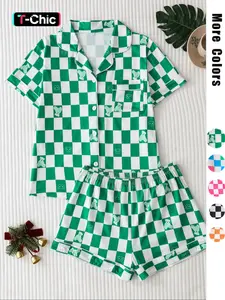 Women's Checkerboard Print Lapel Neck Pajama, Casual Comfy Short Sleeve Button Front Chest Pocket Design Top & Elastic Waist Shorts PJ Set, Ladies Summer Sleepwear Loungewear