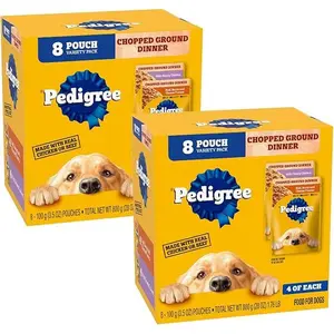 Pedigree Chopped Ground Dinner Wet Dog Food Pouches Variety Pack, 3.5 oz Pouches (8 Count, Pack of 2)