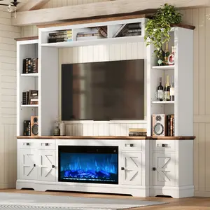 [Ships in 3 Boxes] AMERLIFE 98in Farmhouse Wall Unit TV Stand with 36" Fireplace, Bookshelves, Wine Cabinet, Fits 78" TVs, Entertainment Center with Power Outlets & Drawers, Media Console, Living Room/Best Gift Ideas/Christmas Gifts