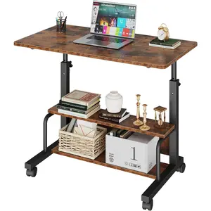31.5in Long Rolling Desk for Small Spaces, Height Adjustable Mobile Computer Desk with Lockable Wheels, 2-Tier Storage Laptop Table, Study Desk, Rust Brown/Black/White