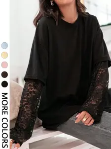 Women's Casual Basic Lace Patchwork Oversized T-Shirt,  Solid Long Sleeve Crew Neck Fake Two-Piece Design, Lightweight Soft Stretchy & Vintage for Women Daily & Streetwear Music Festivals Everyday Wear Back to School Top Womenswear