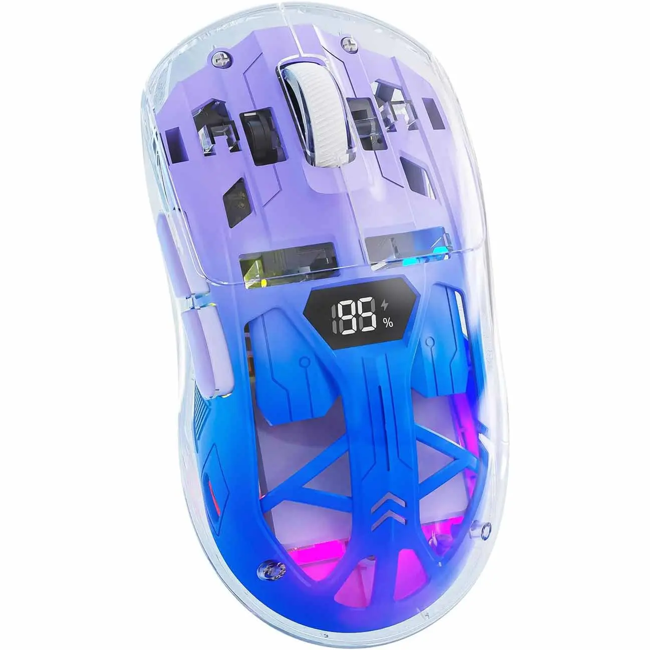 FREEWOLF A2 Transparent Wireless Gaming Mouse - Dual Mode BT 5.0/2.4G, 5 Adjustable DPI, LED Battery Display, 3D Color Changing Customizable RGB Backlight, USB-C Rechargeable, Oleophobic Layer, Seamless Switching for PC Win/Mac Gaming & Office Work