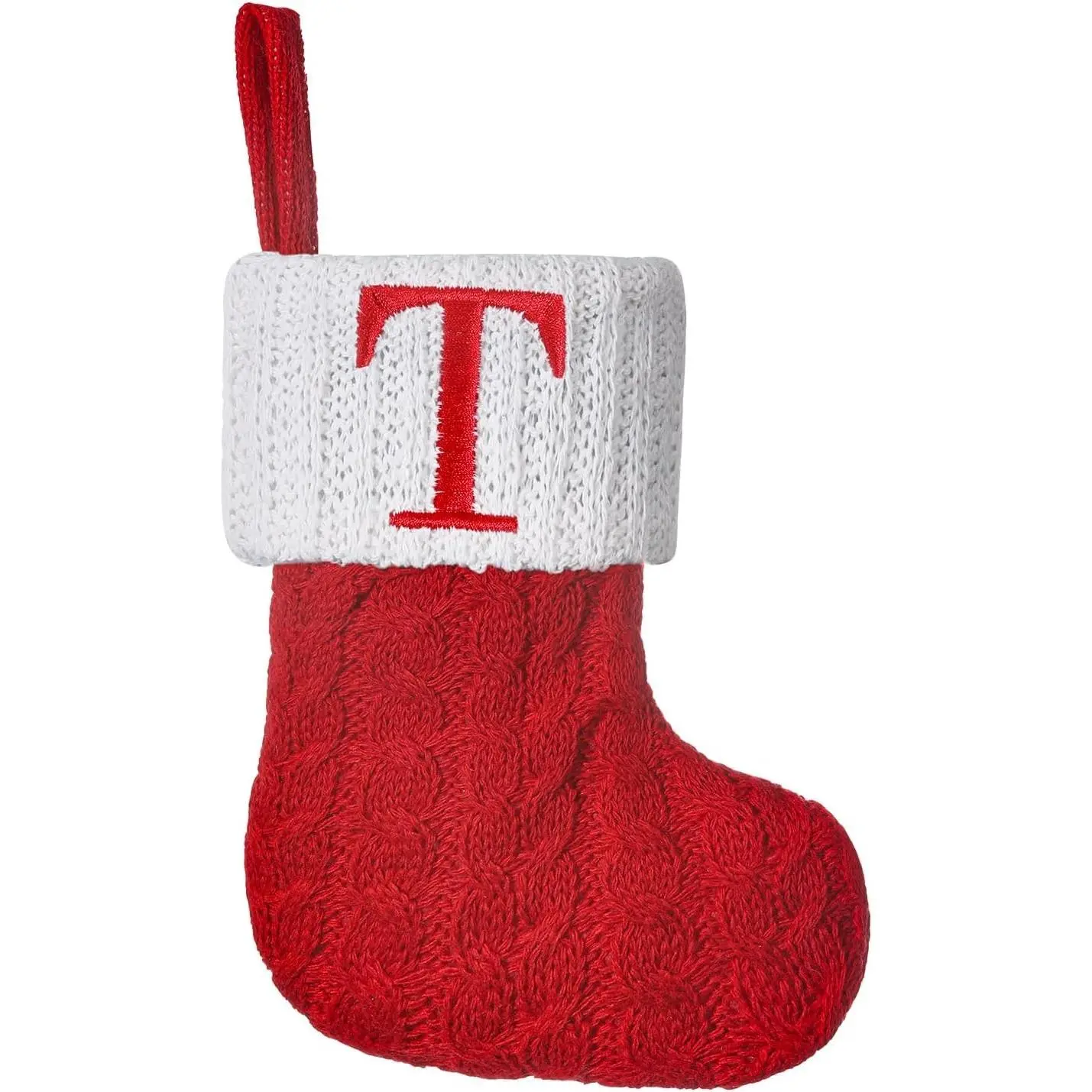 Red Knitted Mini Christmas Stockings 8 inch, Embroidered Initials | Personalized Red Cable-Knit Christmas Stocking, White Monogram Letter,Holiday Mantel fireplace Christmas tree decor