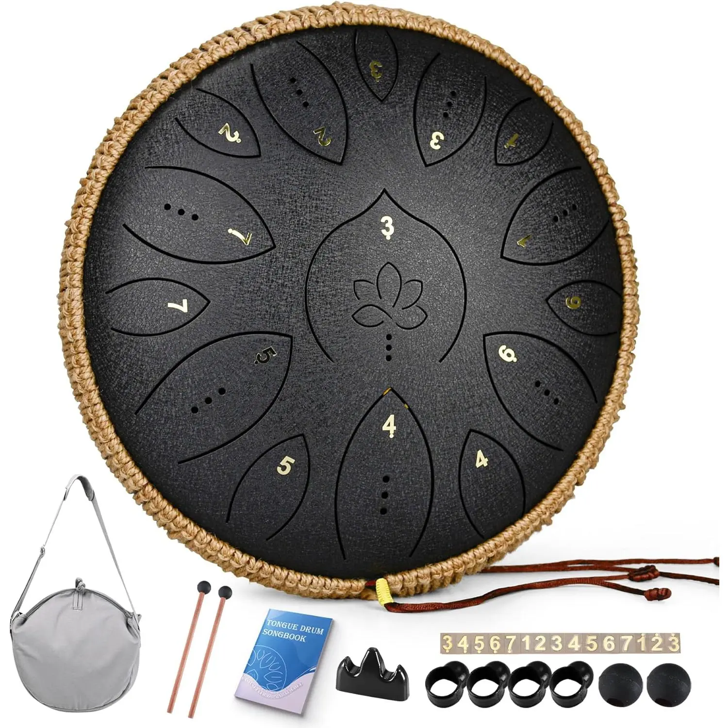Steel Tongue Drum 13 Inches 15 Notes, Hand Pan Drums for Adults 432hz, C Major Handpan Musical Instrument with Song Book, Mallets and Carry Bag, Black
