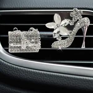 JOKG Crystal High Heel Shoe & Magic Bag Car Air Vent Clip Charm Bling sparkly bedazzled rhinestone Car Bling Accessories, Car Interior Decoration Charm, Rhinestone cute Car Decor girls