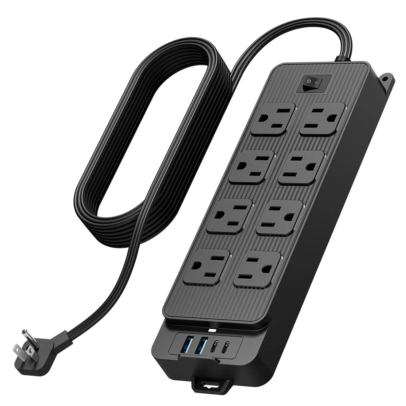Flat Plug Surge Protector Switch with 5 Ft/10 Ft Thin Flat Extension Cord, 8 Widely Distributed AC Outlets, 4 Charging Ports (2 USB-A, 2 USB-C), Plastic Body Single Unit Desk Charging Station for Home, Office