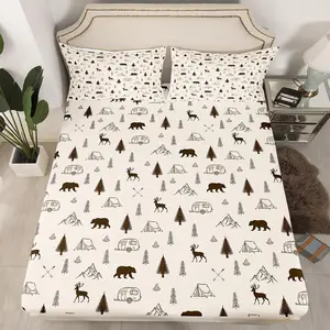 Camper Car Tent Fitted Sheet,Brown Bear Deer Bed Sheets Pine Mountain Paddle Print Bedding Set Camping Hunting Adventure Deep Pocket Sheet Adult Room Decor