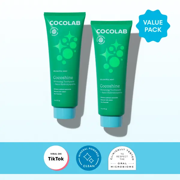 COCOLAB Cocoshine Duo, 2-Pack Dentist-Designed Toothpaste, Formulated with 15.5% NanoXIM Nano-Hydroxyapatite, Organic Aloe & Coconut Oil, Sensitive Teeth, Vegan, Cruelty-Free, 2x 4 oz each