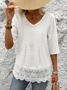 Plus Size Women's Lace Patchwork Textured Weave Elegant V-Neck Half Sleeve Loose Fit Shirt, Boho Style Long T-Shirt