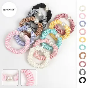LUMENNEST Women's Elegant Satin Faux Pearl Hair Tie Set, 1PCS（SurpriseColor） Elastic Solid Color Hair Band for Women, Hair Accessories