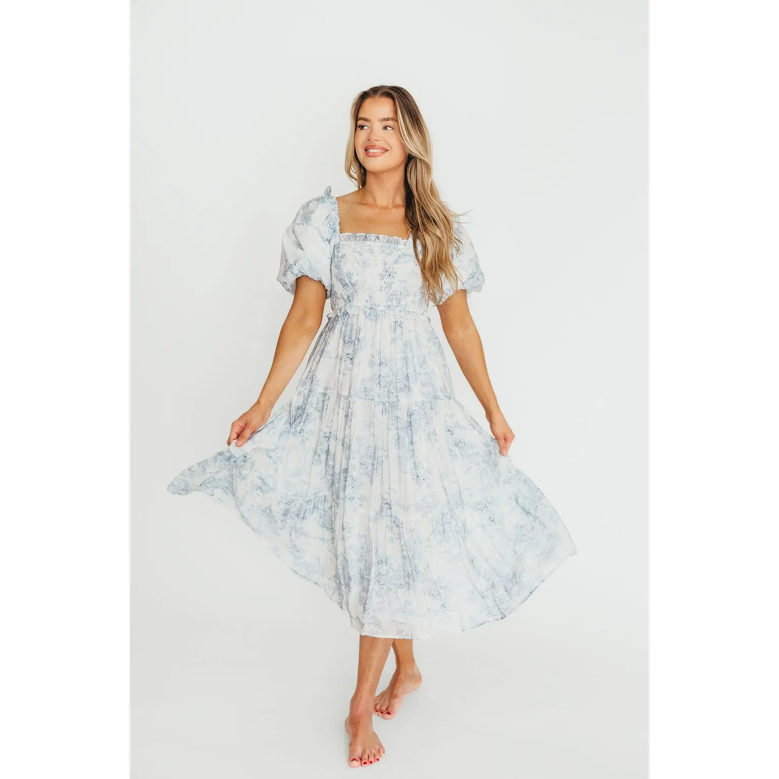 Elena Floral Print Smocked Midi Dress in Blue - Bump Friendly & Inclusive Sizing