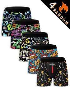 Men's Cartoon Digital Print Briefs Set of 4, Knit Elastic Fashion Street Style Underwear, Fun Graffiti Patterns, Comfortable Breathable All Season, Stretchy Boxer Briefs