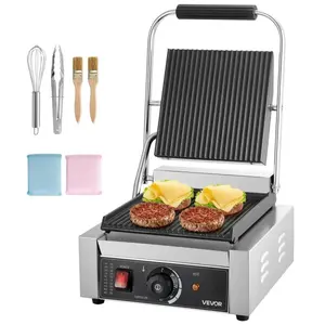 VEVOR Commercial Panini Grill,  , 1800W Electric Sandwich Panini Maker, Stainless Steel Sandwichs Press Grill with Handle and Temp Control, 8.8x9 in Full Grooved Enamel Plate for Hamburger Steak Bacon