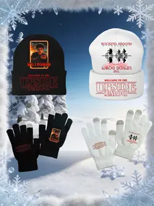 Two-Piece Fall Winter Fashion Hat + Gloves Set, Creative Stranger Things Pattern, Unisex Knitted Warm Hats, Christmas Gift Idea