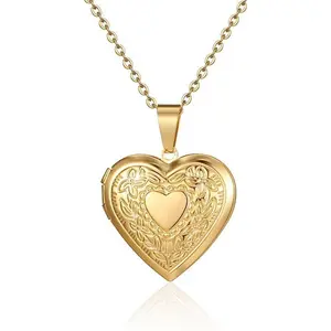 Locket Picture Pendant Necklace,Vintage Engraved Flower Empaistic Carved Pattern Oval Round Heart Necklace