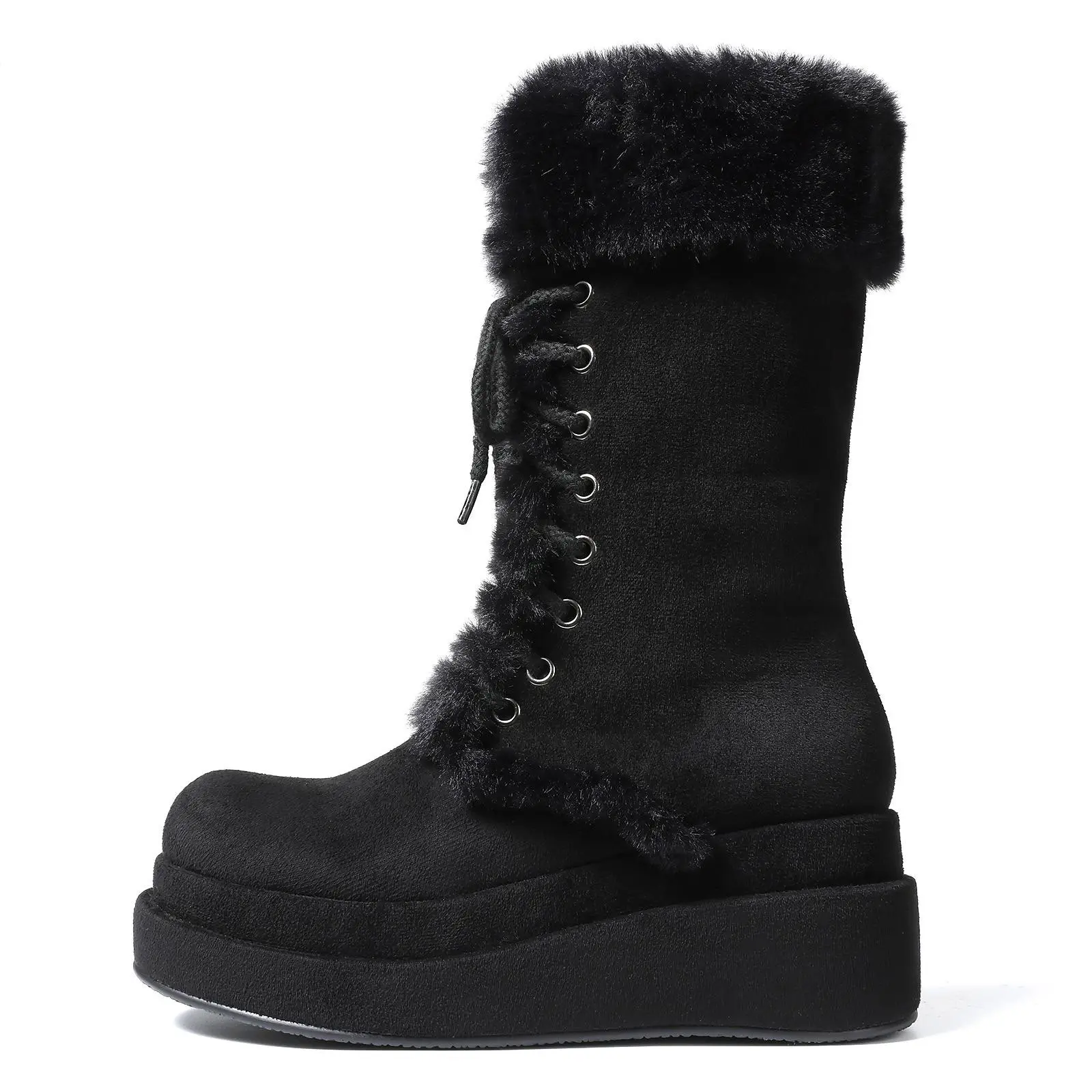 VIMISAOI Platform Mid Calf Booties for Womens Round Toe Lace Up Zipper Cozy Warm chilly day booty Faux Fur Shoes Fuzzy Lined Suede Foam Insole Snow Boots For Women