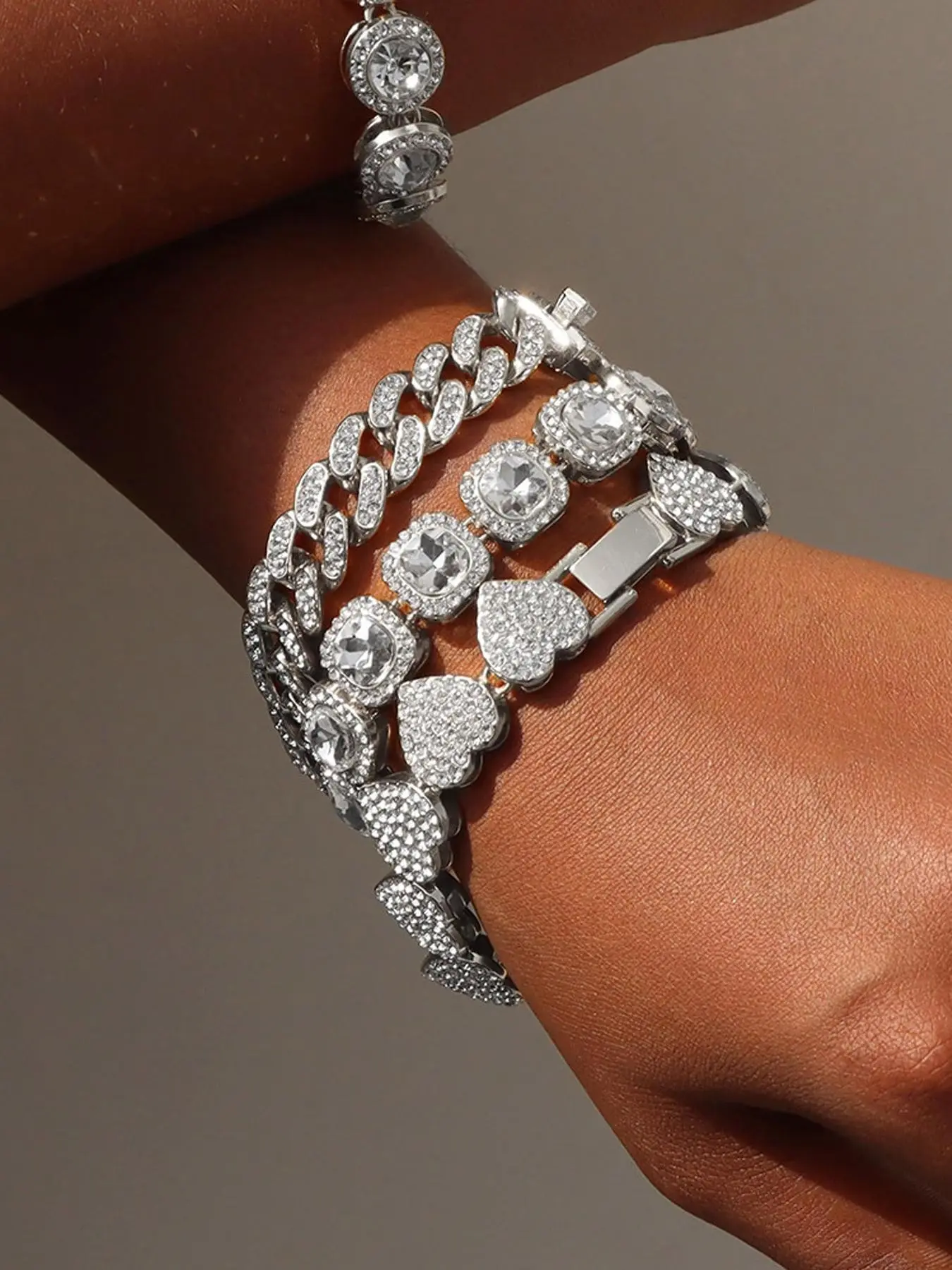 Four-Piece Street Style Hip Hop Cuban Chain Bracelet Set, Fashionable Bracelet Style, Fashion Shiny Rhinestone Unisex Jewelry, Round Square Heart Design, Matching Heart Bracelets