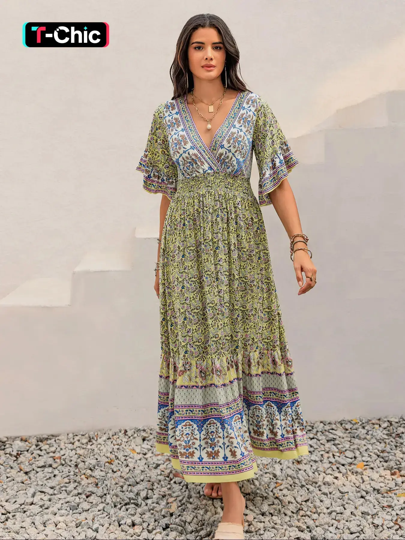 Women's V Neck Dress, Bohemian Print Dresses, Boho Fashion Casual Dress for Daily Holiday Vacation Wear, Ladies Dress for Summer, Boho Bohemian Style