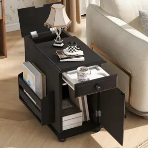 Vintage End Table Flip Top Side Table with USB Ports, One Multifunctional Drawer with cup holders, Sofa Couch Table with Bookshelf for Living room and Small Space