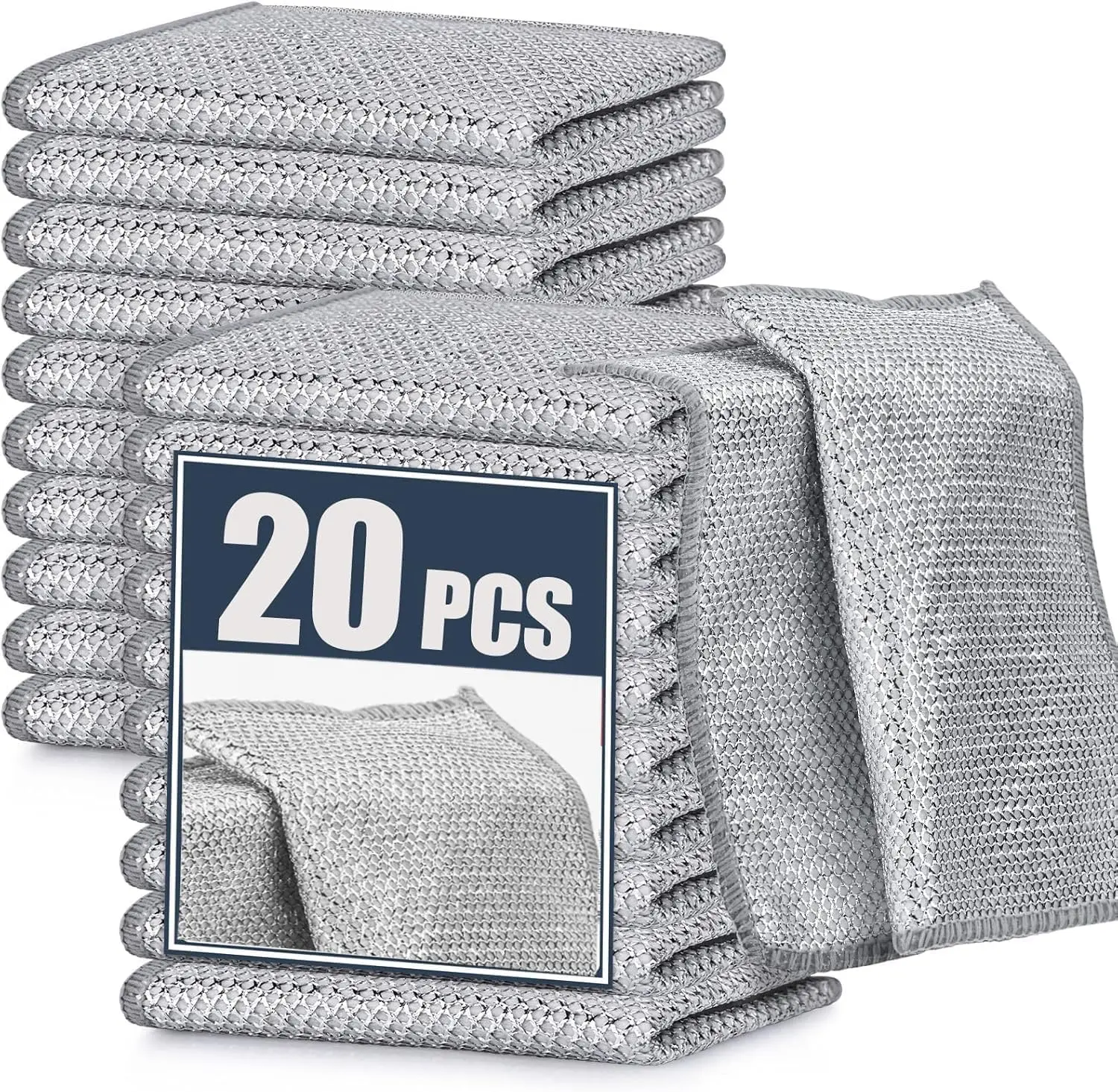 20 Pcs Value Pack Non Scratch Steel Wire Dishcloth, 7.87"x7.87" 2-Layer Multipurpose Rags - Reusable for Kitchen Dishes, Sinks, Stove Tops, Safe for Non-Stick