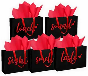 5 Senses  Bags Five Senses  Bags with Tissue Paper  Paper Bag with Ribbon Handles for Anniversary, Valentine's Day, Birthday for Him Husband Boyfriend (Red black)