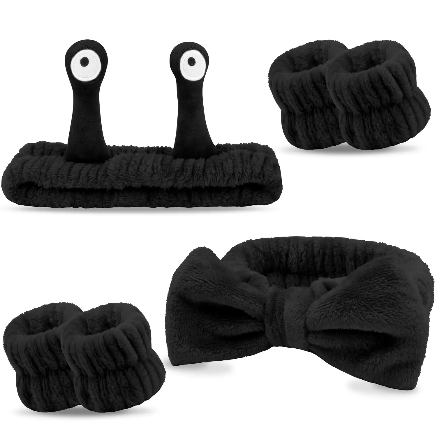 Spa Headband and Wristband Set Skincare Headband Makeup Headband Bowknot Snail Headbands Wrist Bands for Washing Face Cute Animal Face Wash Headband for Women  (Black)