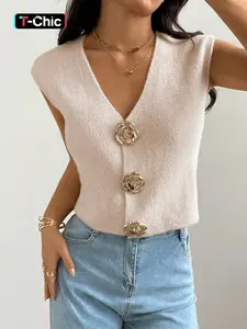 Women's Light Pink V-Neck Solid Knitted Vest Tops, embellished with a rose inner button. Tailored in a fitted fit for a Casual, versatile and chic everyday look.