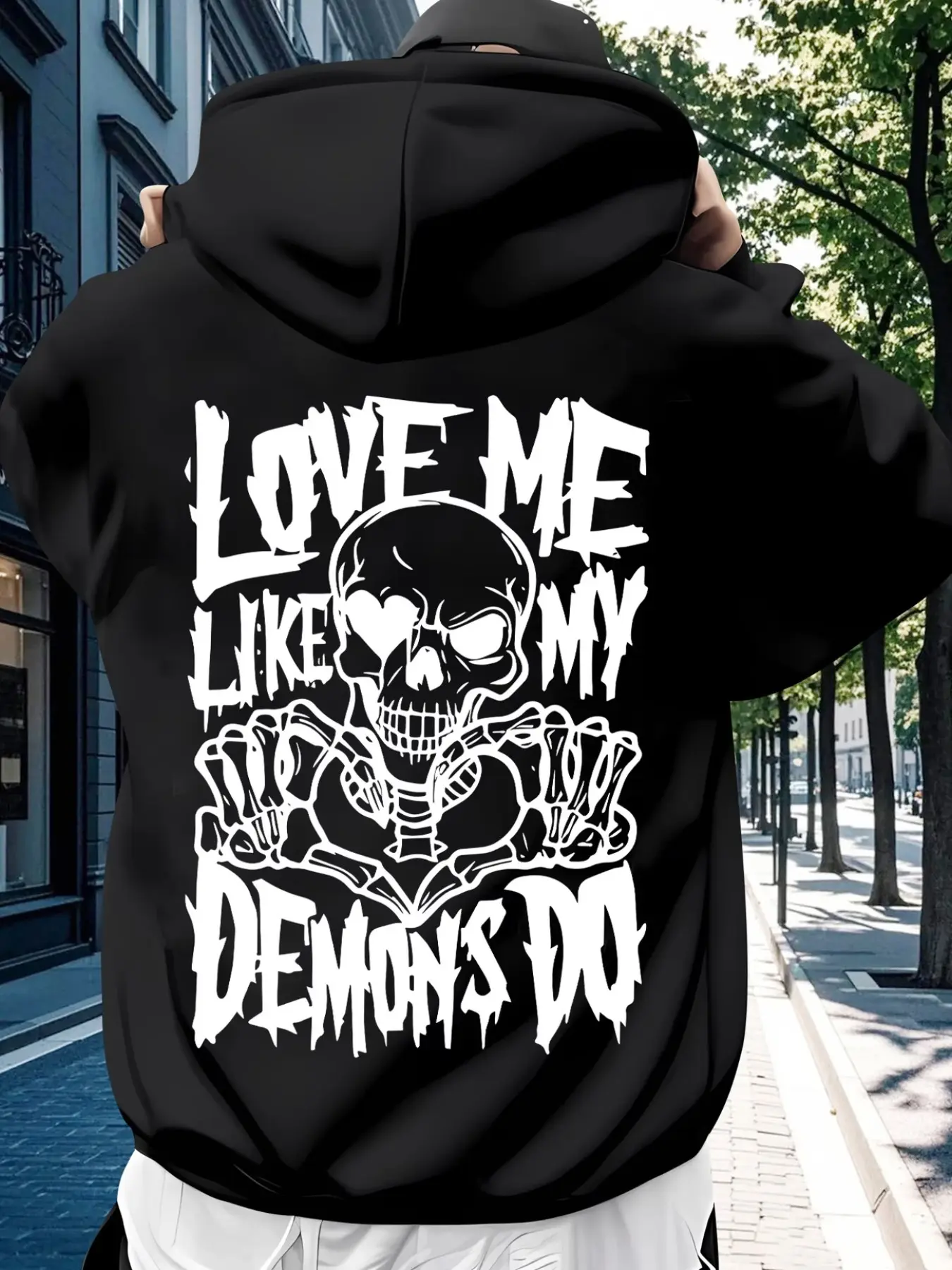Men's Dark Aesthetic Skull Skeleton Graphic Print Hoodie - "Love Me Like My Demons Do" Black, Long Sleeve, Emo Punk Grunge Streetwear, Soft Oversized Pullover, Fabric, Casual Daily/Party Wear Hoodie