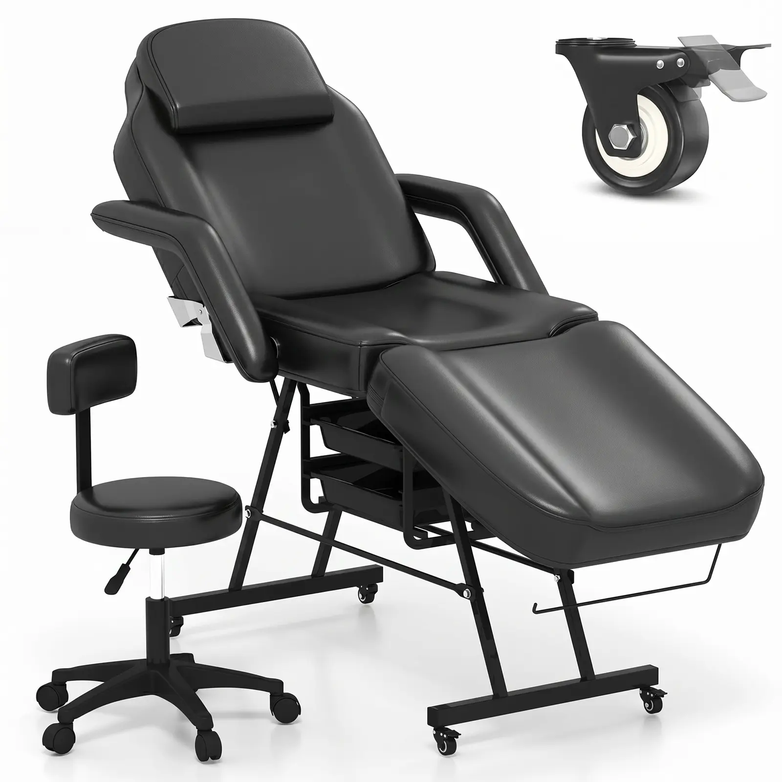 Professional Esthetician Adjustable Facial Bed with Rolling Stool, Storage Tray | Commercial Salon Furniture for Facial, Massage Treatments