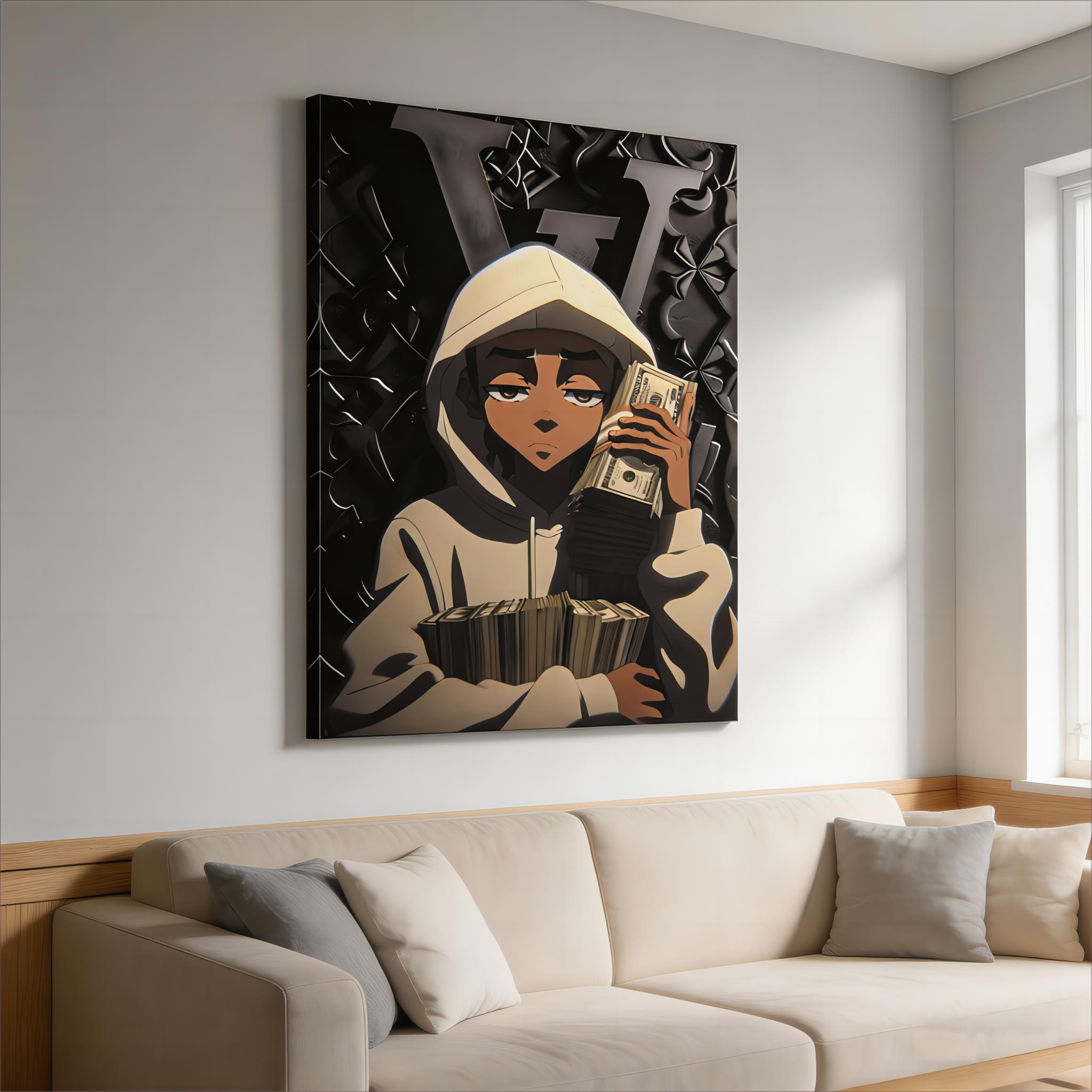 Wealth Motivation Wall Art Posters, Street Style "Cash King" Decor Paintings, Anime Hooded Boy Canvas Prints, Hip-Hop Money-Themed Decorations for Bedroom, Living Room, Study & Gaming Room